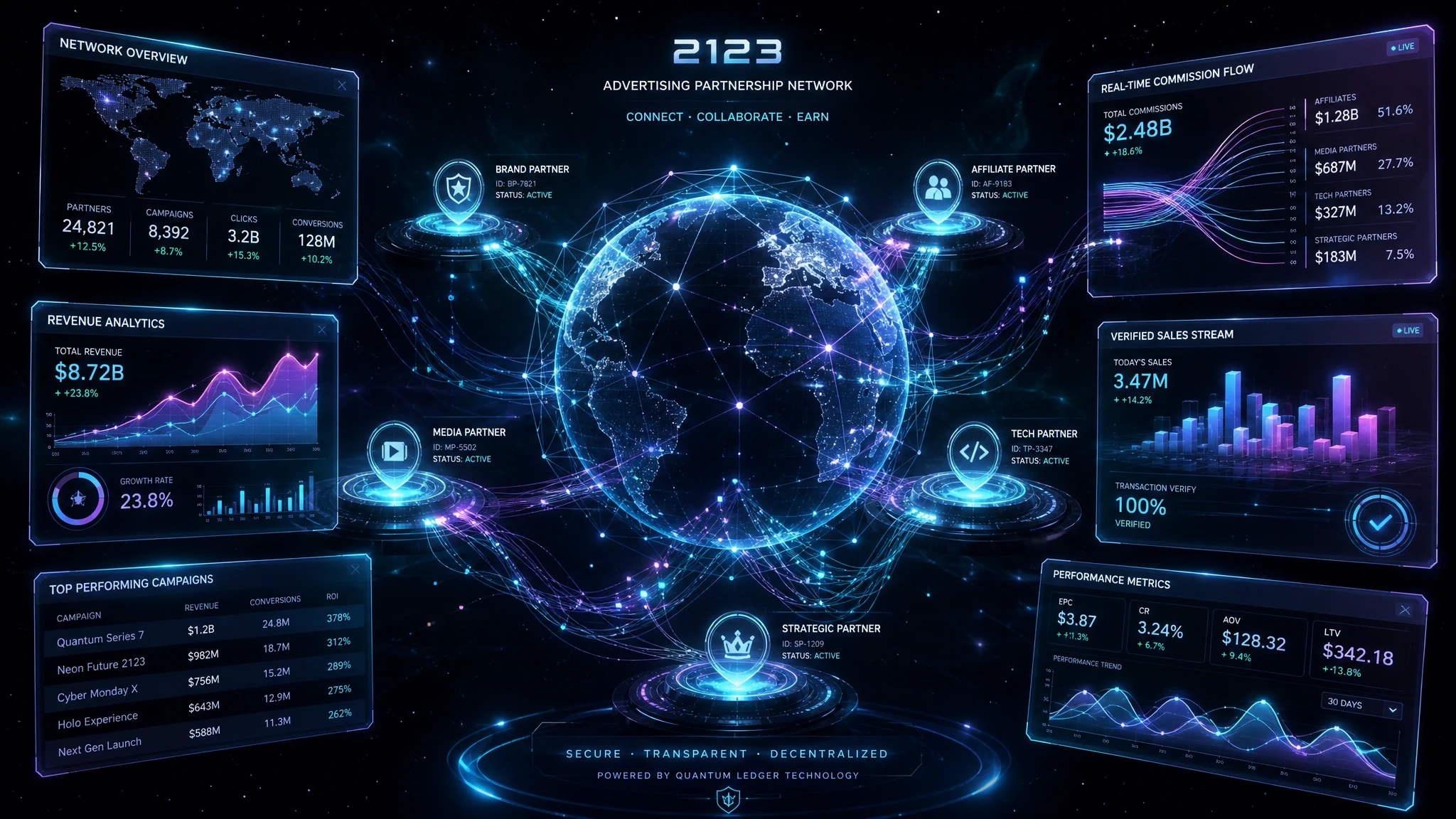 Futuristic adult advertising partners network showing verified-sale commission flows across a glowing global revenue-share grid