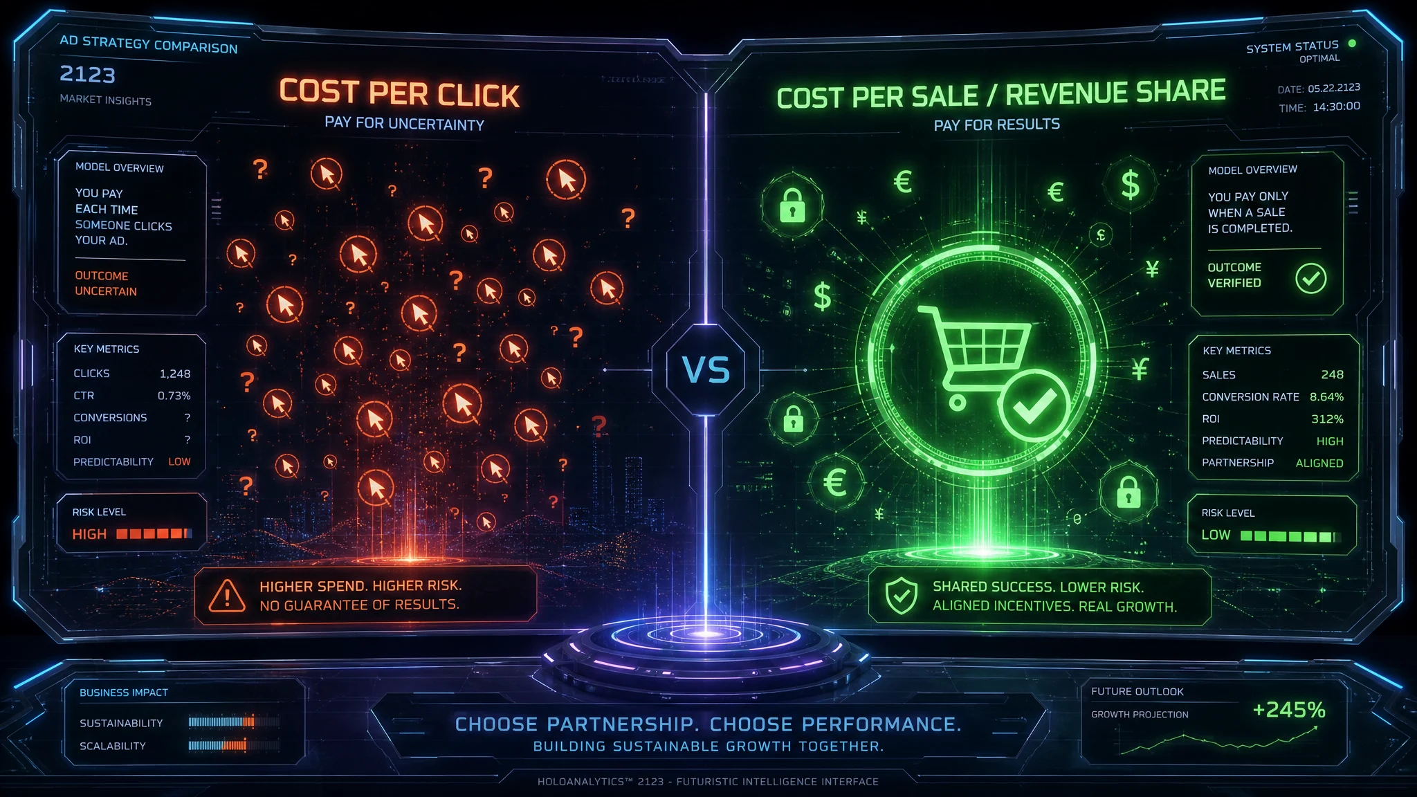 Holographic comparison of cost-per-click advertising versus cost-per-sale revenue-share model showing a verified purchase