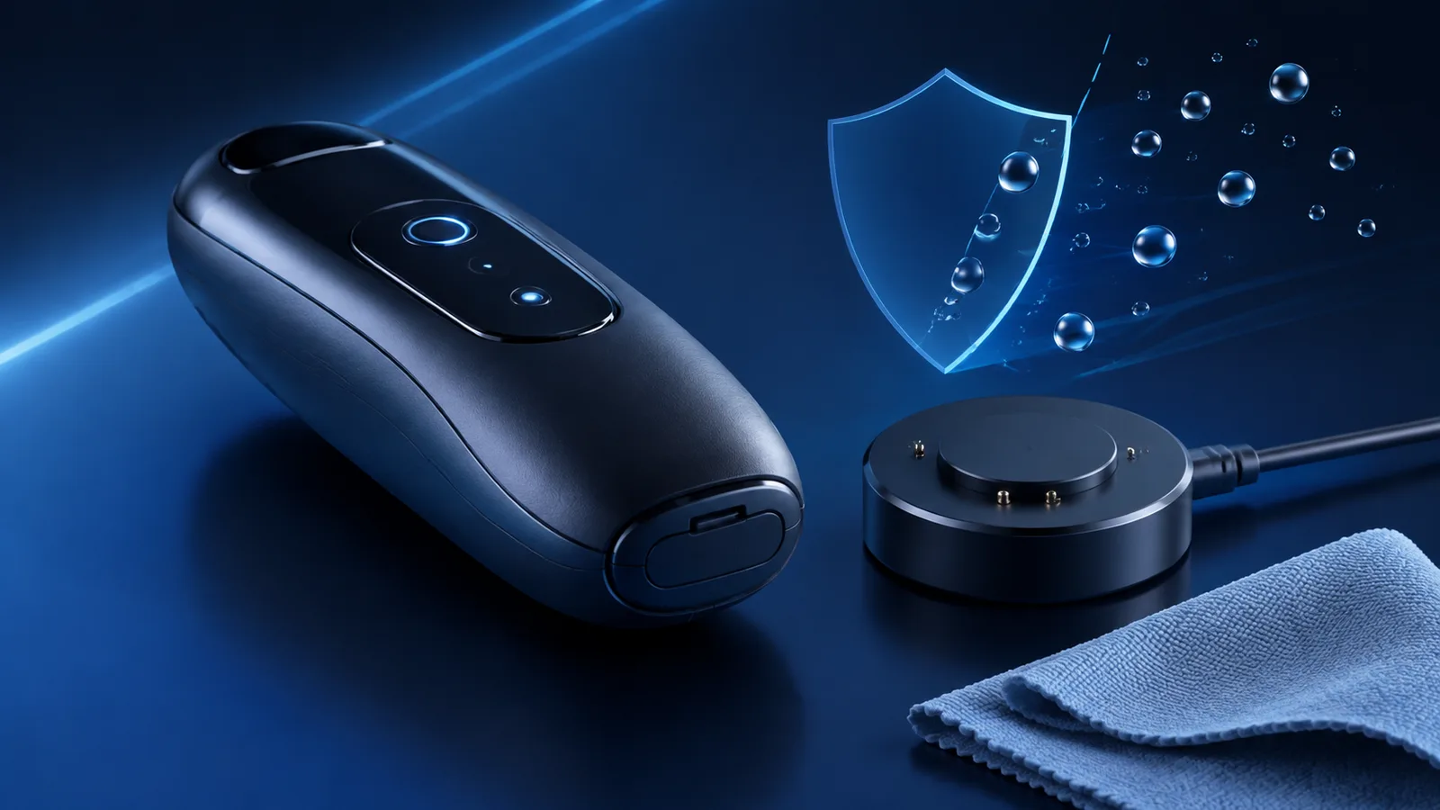 AI-generated conceptual illustration of a powered masturbator beside its magnetic charging dock and a microfiber cloth, with a water-resistance shield motif. Not a photograph of a sold product.