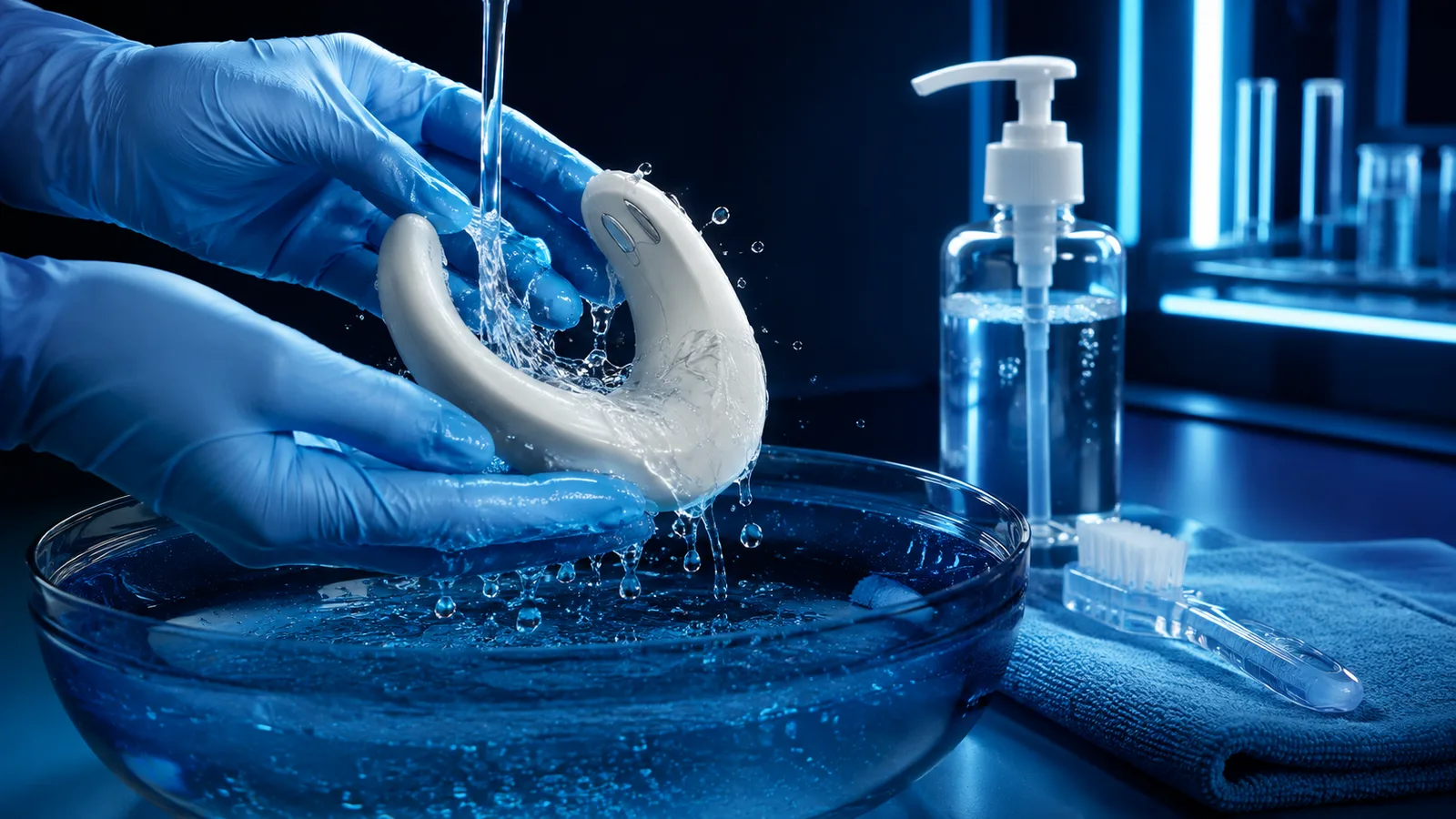 AI-generated conceptual illustration of gloved hands gently washing a toy with lukewarm water and mild soap over a basin, with a soft brush and towel nearby. Not a photograph of a sold product.
