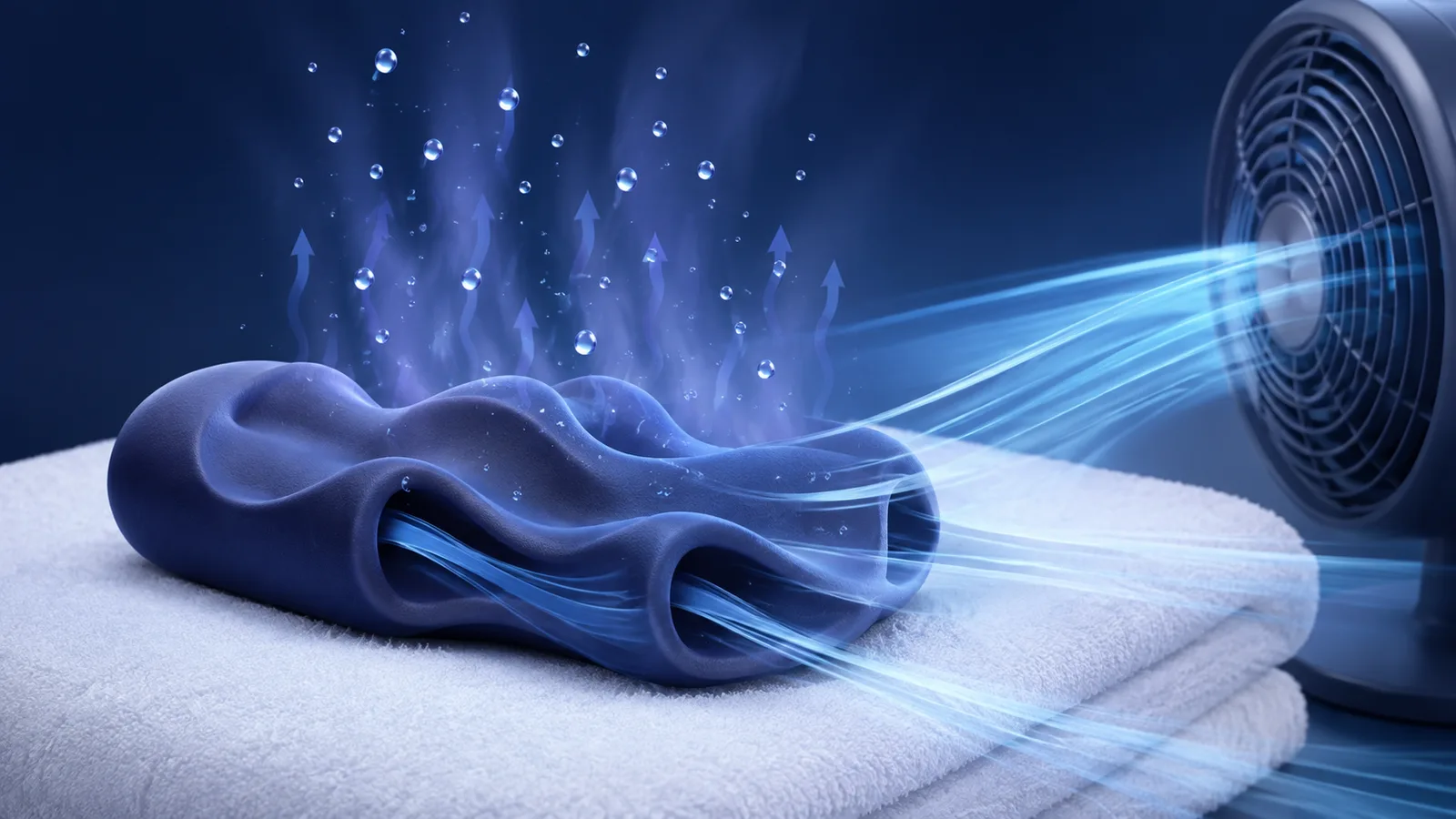 AI-generated conceptual illustration of cool airflow from a fan drying the open internal channels of a soft torso resting on a towel, with moisture evaporating upward. Not a photograph of a sold product.