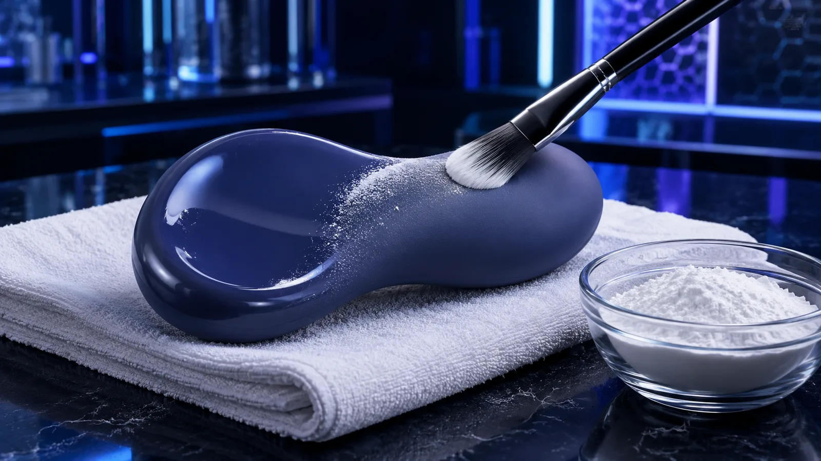 AI-generated conceptual illustration of a soft makeup brush applying a whisper-thin veil of plain cornstarch to a completely dry TPE surface, with a small bowl of powder on a towel. Not a photograph of a sold product.