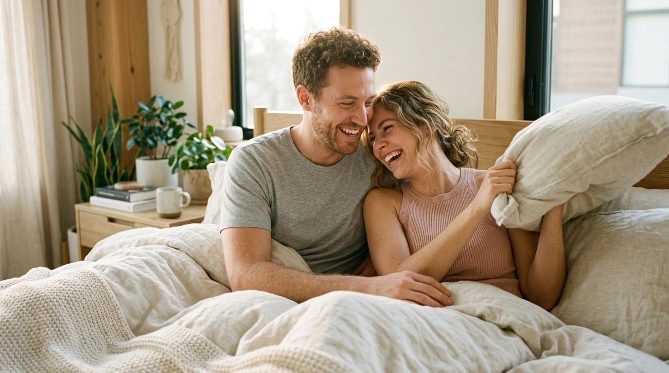 Introducing a vibrator in the bedroom — happy playful couple communicating openly about sexual pleasure and intimate exploration