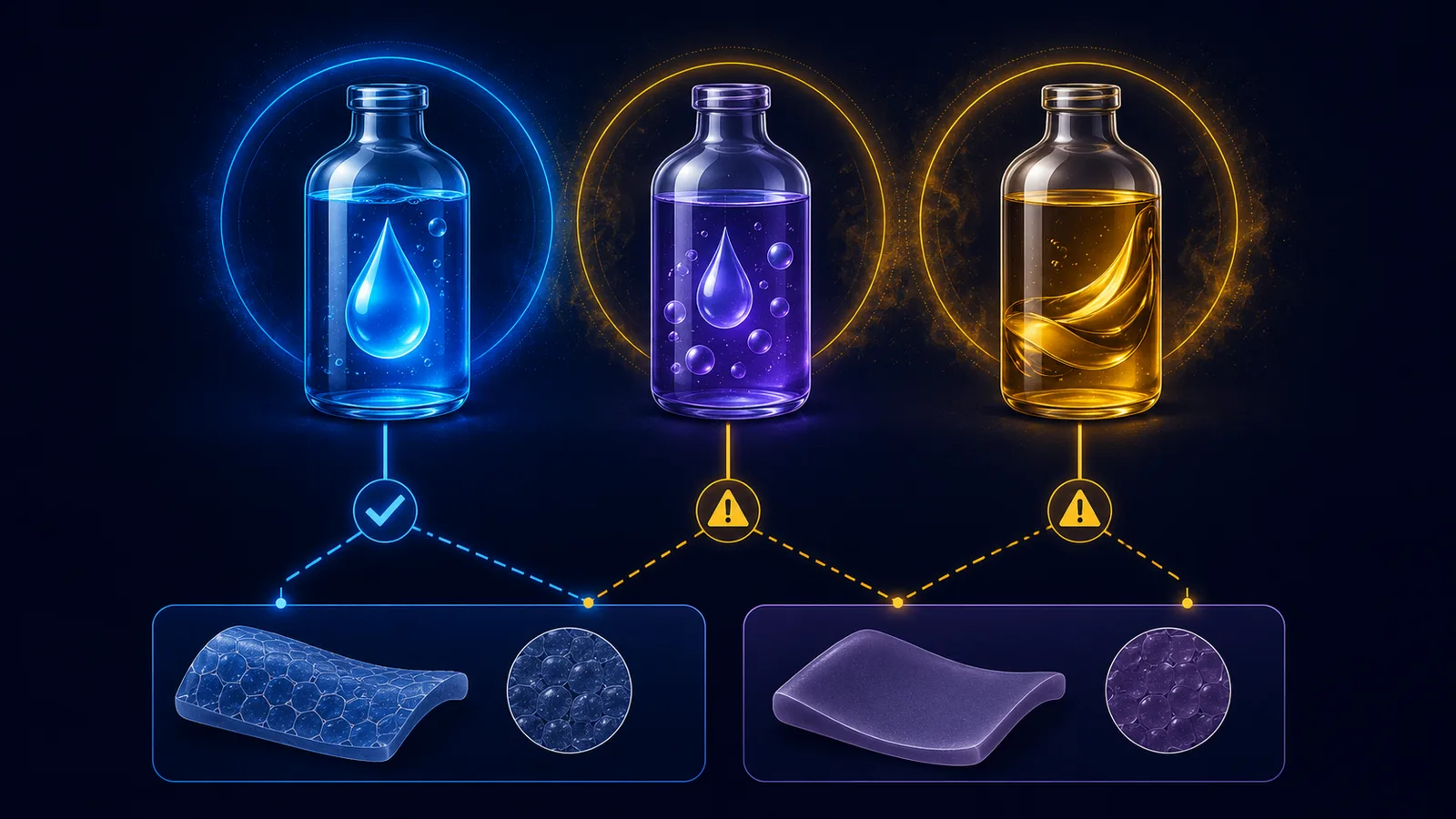 AI-generated conceptual illustration of three lubricant bottles &mdash; water-based marked safe with a check, silicone-based and oil-based marked with caution symbols &mdash; above material swatches. Not a photograph of a sold product.