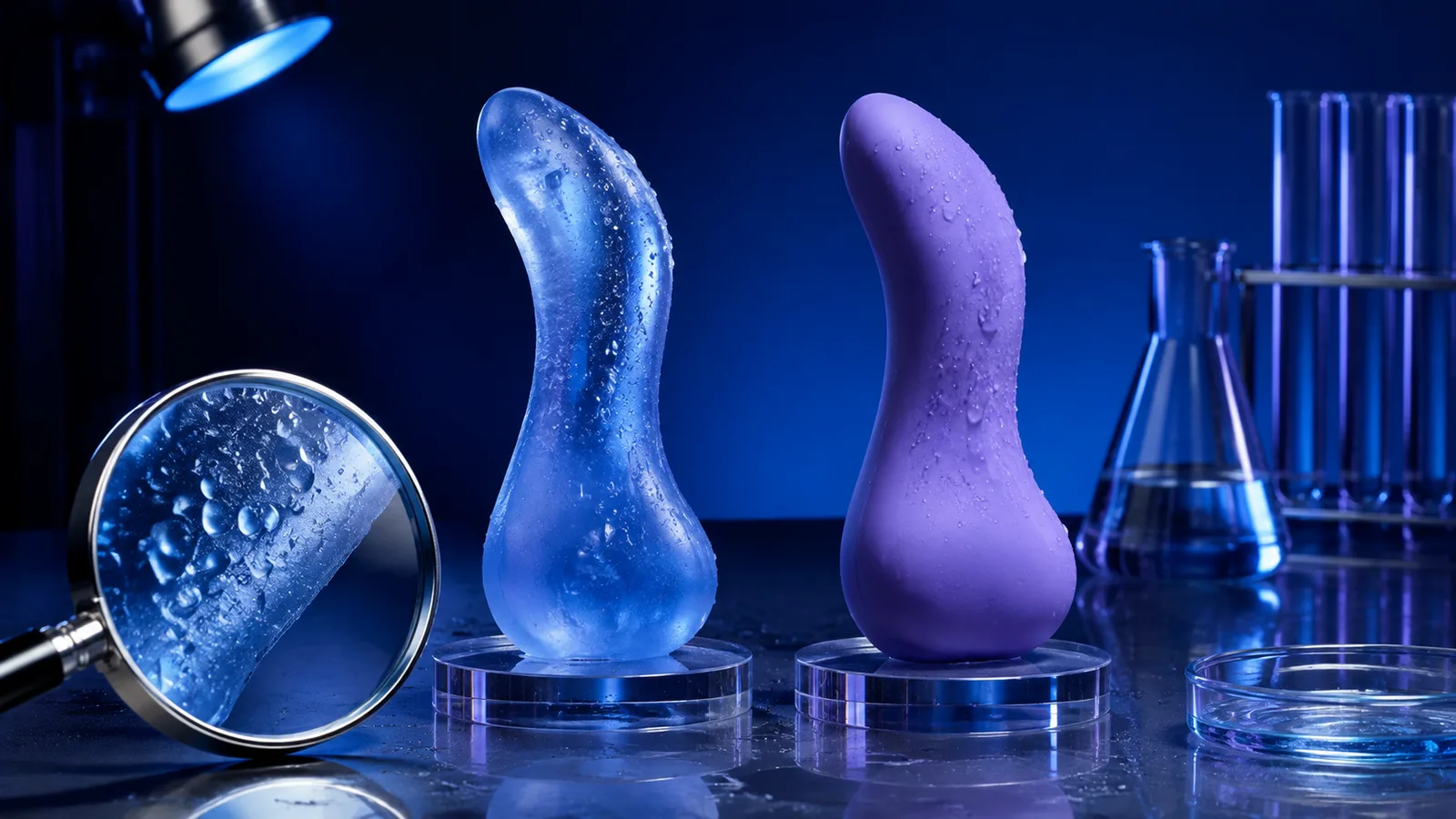 AI-generated conceptual illustration comparing a translucent TPE toy and a matte silicone toy under a magnifier with lab glassware, showing how to identify the material before cleaning. Not a photograph of a sold product.
