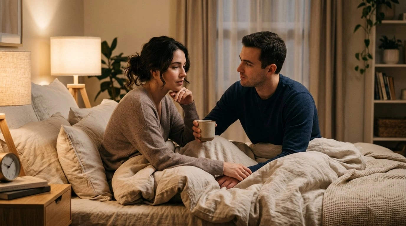 Women's sexual pleasure research — couple having intimate conversation about orgasm gap and authentic pleasure in warm bedroom setting