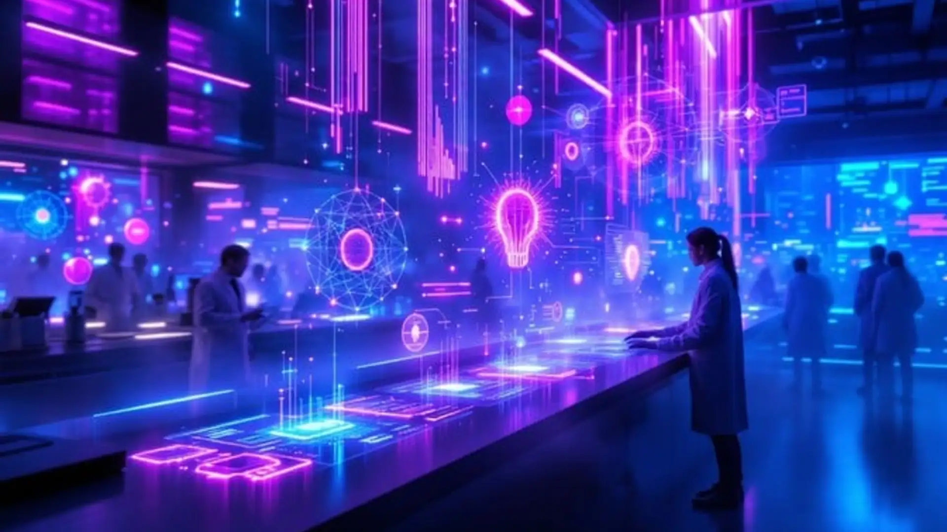 Futuristic high-tech laboratory with holographic displays — representing the future of sex robot technology, walking robots, and advanced AI in 2026 and beyond